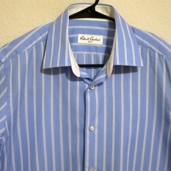 Robert Graham Mens Long Sleeve Button Shirt Size 15.5 Blue White Stripes - Picture 1 of 9